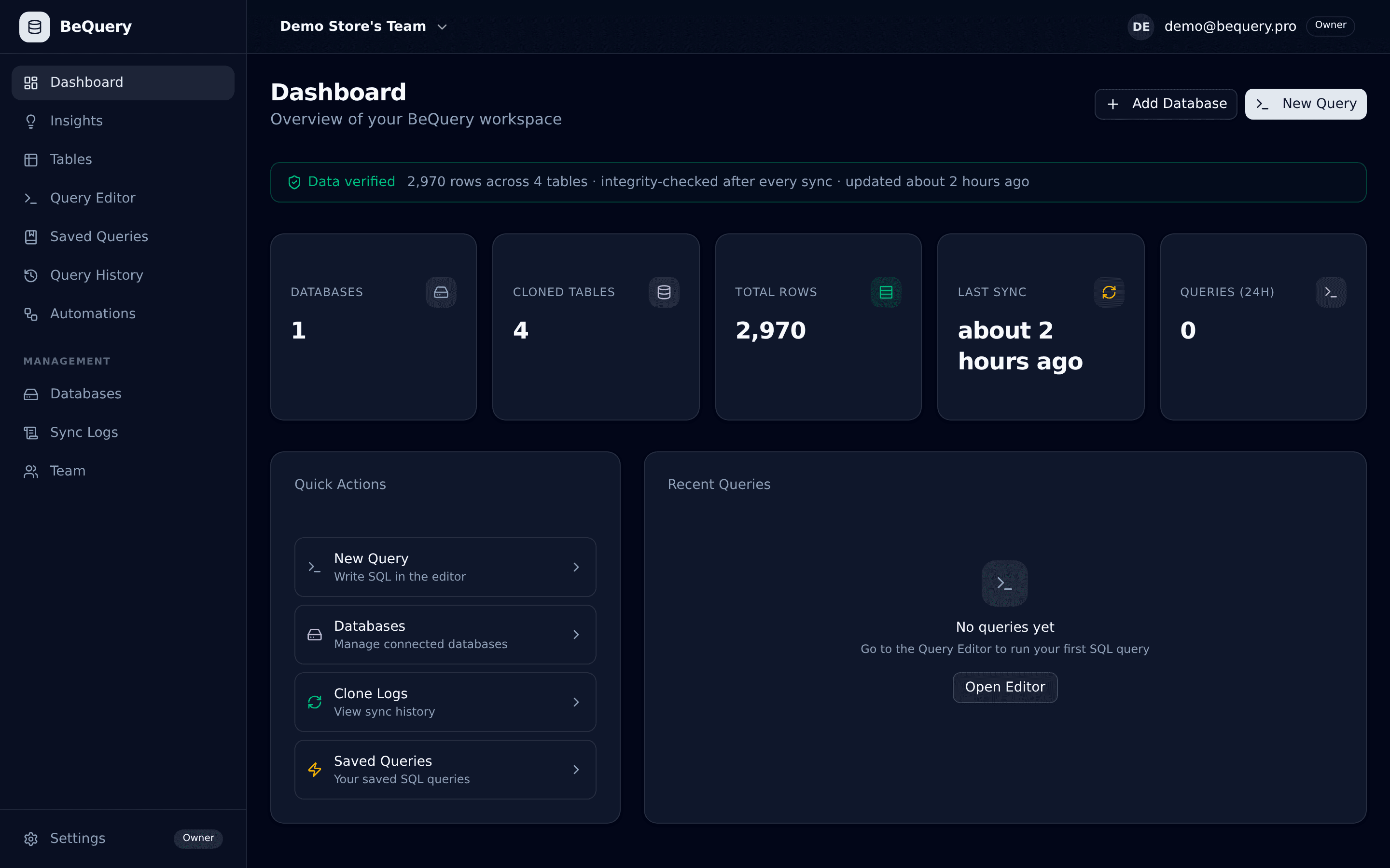 BeQuery dashboard with the Data verified integrity badge after a sync