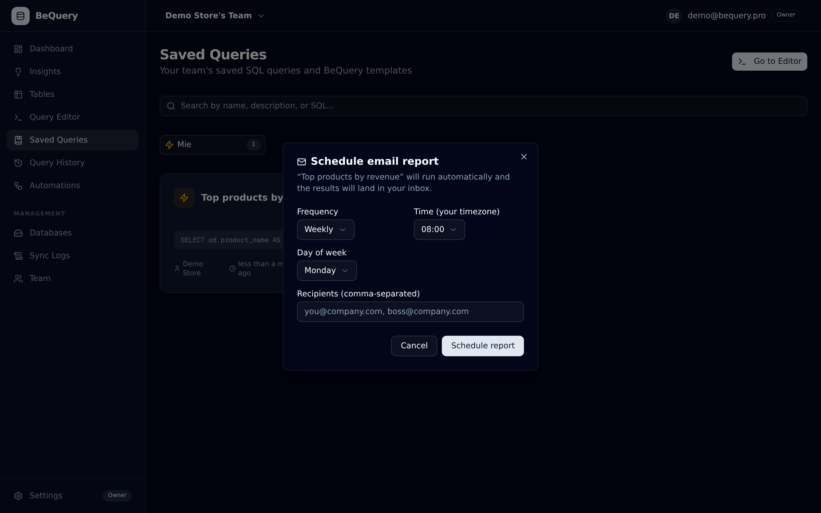 Scheduling an email report from a saved query in BeQuery